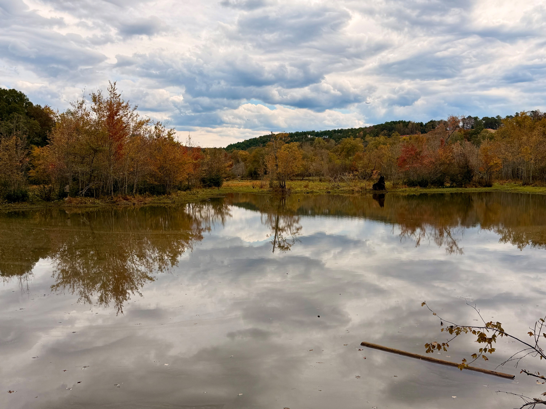 Auto-generated description: A serene autumn landscape features a reflective pond surrounded by trees with colorful foliage under a cloudy sky.